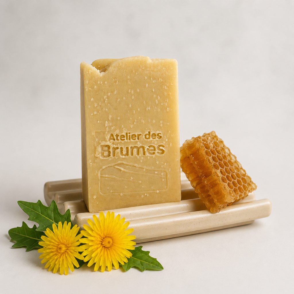 savon rectangulaire jaune sur un porte-savon avec des fleurs de pissenlit et un rayon de miel