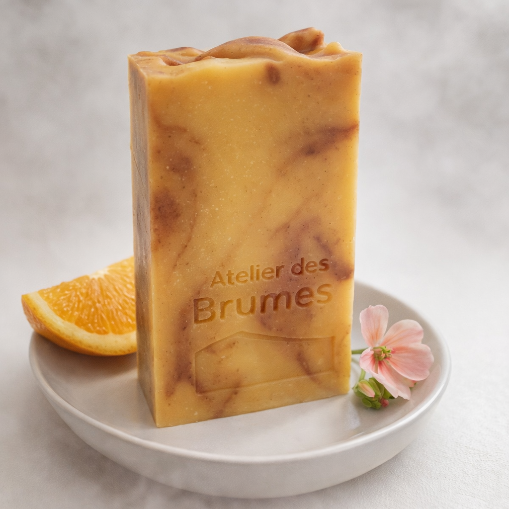 Savon Orange Géranium, de forme rectangulaire, de couleur jaune et orange marbré, avec le logo Atelier des Brumes en relief, déposé verticalement sur un porte-savon rond avec un quartier d'orange et un fleur de géranium.