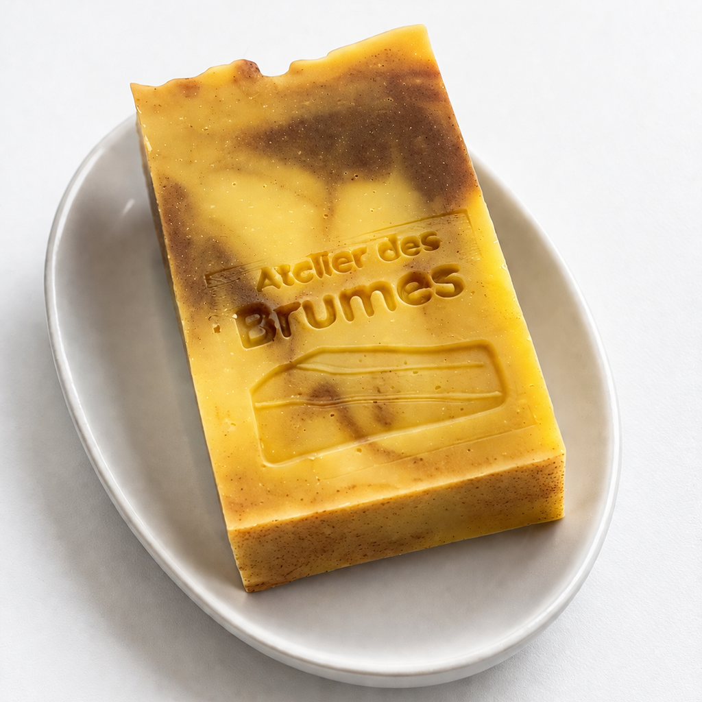 Savon Orange Géranium, de forme rectangulaire, de couleur jaune et orange marbré, avec le logo Atelier des Brumes en relief, déposé à plat sur un porte-savon oval 