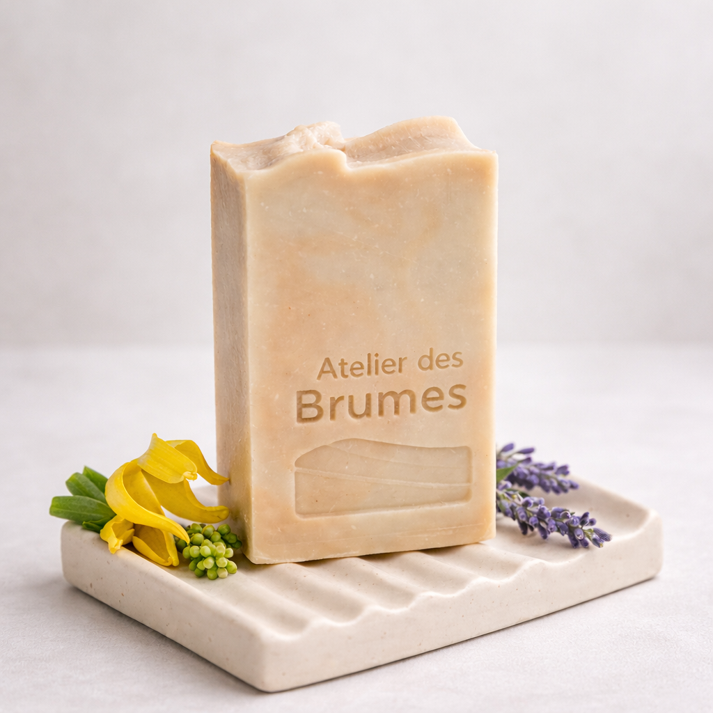 Savon rectangulaire marbré beige et rosé, avec le logo Atelier des Brumes en relief, déposé à la verticale sur un porte savon rectangulaire, avec des fleurs de ylang-ylang, litsée citronnée et lavande