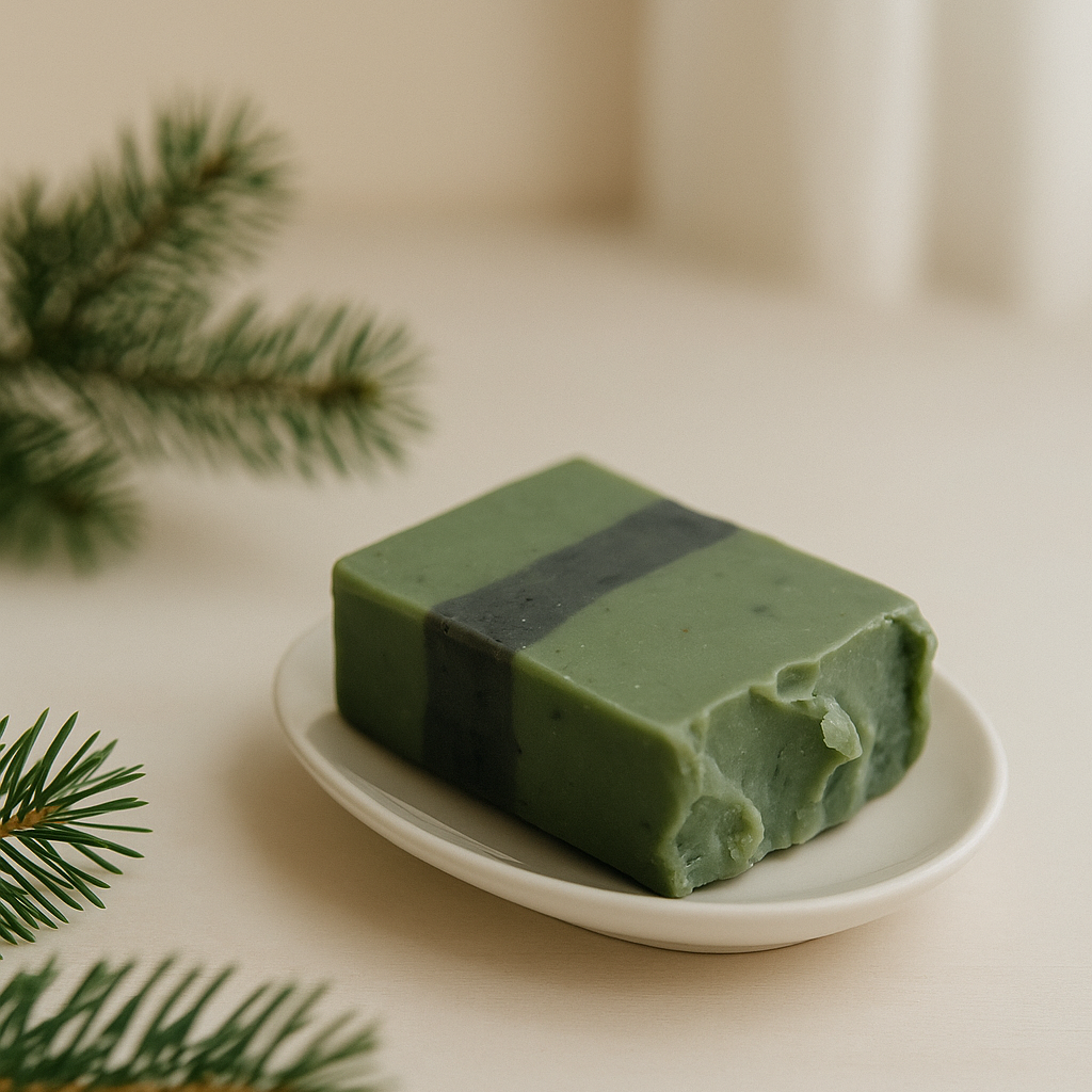 savon rectangulaire vert avec une bande noire sur porte-savon ovale près de branches de sapin