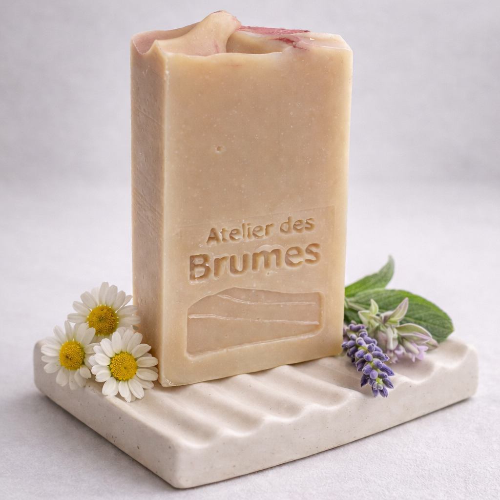 Savon Sauge + Camomille, de forme rectangulaire, de couleur rose pâle avec un logo Atelier des Brumes étampé.  Déposé sur un porte-savon rectangulaire au dessus texturé, accompagné de fleurs de camomille, de lavande et de sauge. 
