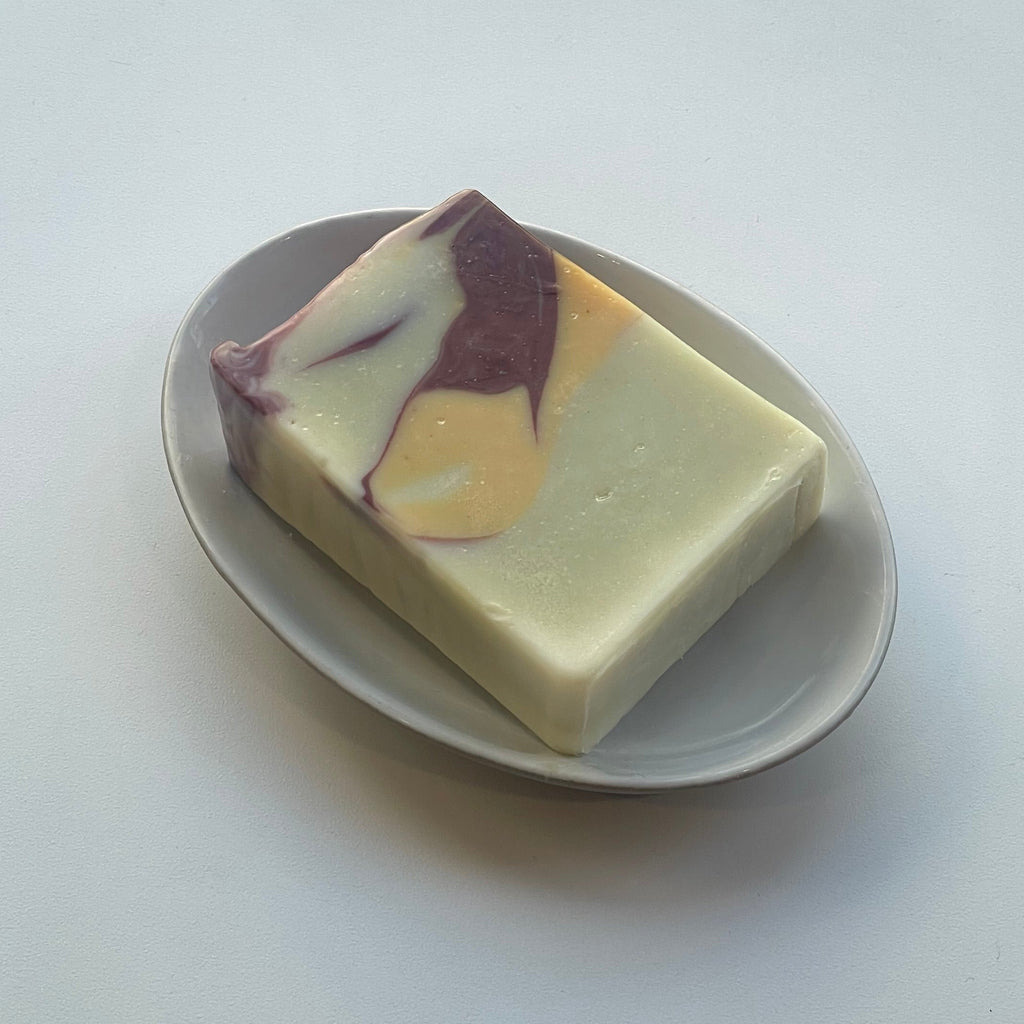 savon rectangulaire vert, jaune et rouge sur un porte-savon 